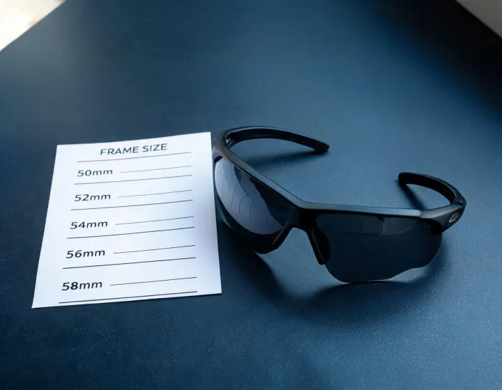 Unbranded wrap cycling sunglasses on a specification desk with a sizing chart