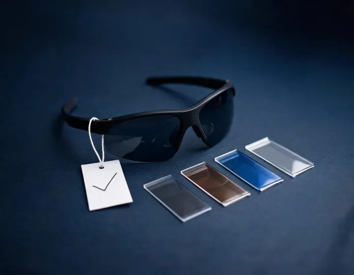 Cycling sunglasses sample tagged for factory approval